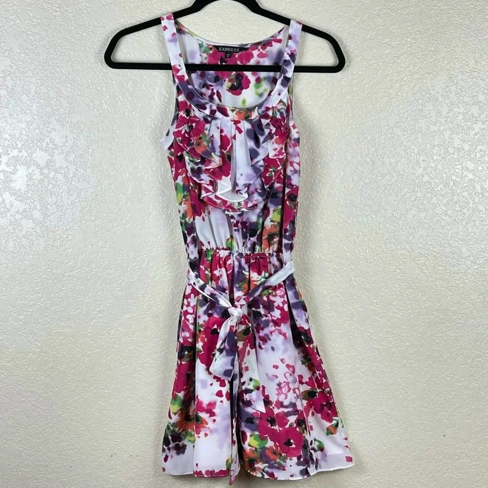EXPRESS Dress Women's Sz XS A-Line Scoop Neck Belted Pocket Floral Pink Purple